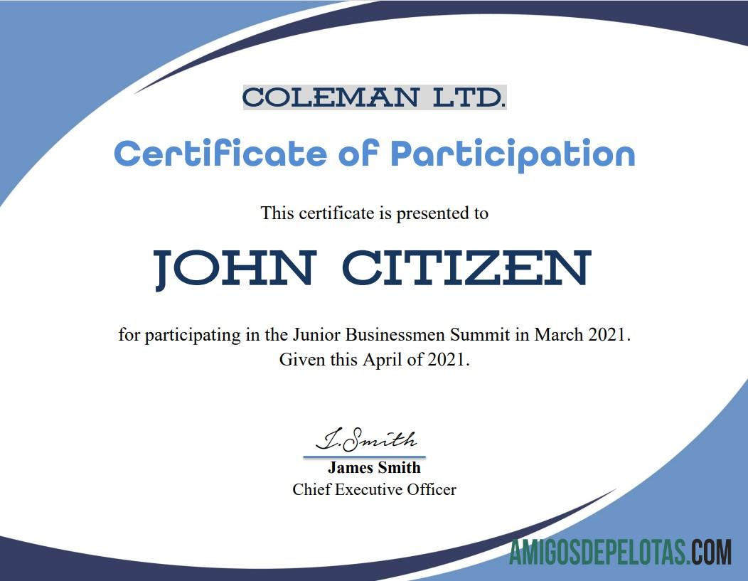 Certificado de participação no programa dos EUA exemplo real